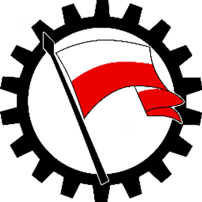 Powiewająca biało-czerwona flaga na tle koła zębatego
